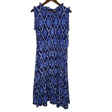 Talbots Women's Ikat Print Sleeveless Dress 10 Blue Ruffle Neck Boho Midi