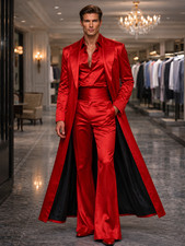 Men Red Satin Long Coat Pants 2 Piece Suit Prom Wedding Party Stage Outfit