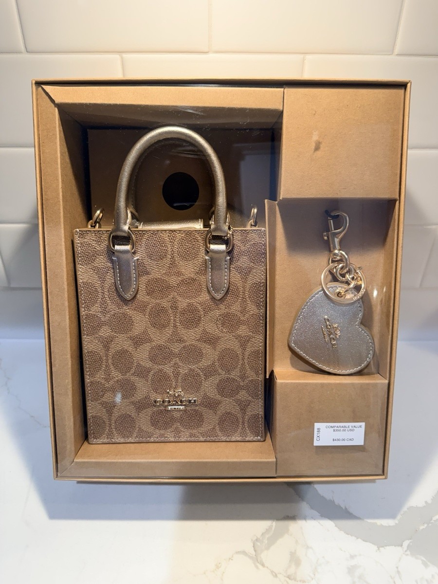 COACH Boxed Mini Tote Bag With Charm Set Gold/Tan/Light Champagne