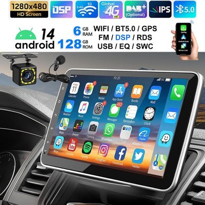 6+128G Autoradio 1DIN DSP Android 15 Carplay 360° écran rotatif WIFI GPS Navi BT