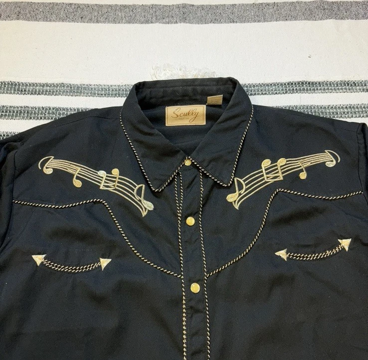 Camisa Scully Western Para Hombre XXL Negra/Dorada Bordada Notas Musicales Abotonada Foto 3 de 4