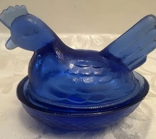 Vintage Hen on Nest Cobalt Blue Glass Depression Style Candy Dish 5X4