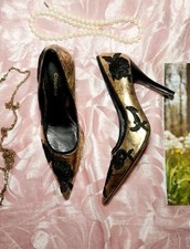 Gold Leather Heels with Black Floral Lace High Heels Pointed Toe Vintage 2000s