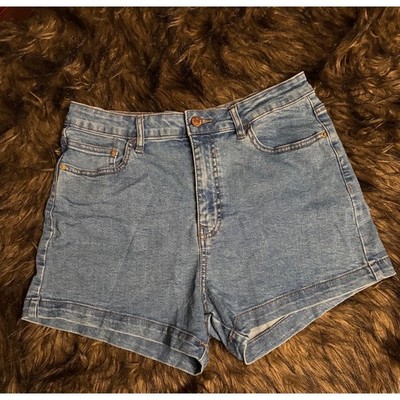 Pull & Bear Denim Shorts Women s Size 30 Blue High Rise Stretch Cuffed Summer