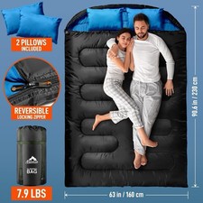 MEREZA Double Sleeping Bag & Pillows, RRP £60 2  Person XL Camping Black / Blue