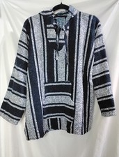 Mexican Baja Hoodie Poncho Navy  Light Blue Striped Measures Mens Size Large