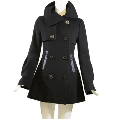 NWT MACKAGE XS Raffy WOOL CASHMERE Double Breasted Peacoat w/ Leather Detail