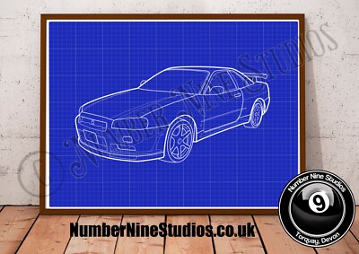 Nissan Skyline R34 GTR Bauplan Illustration, hochwertig, signiert. Limitiert