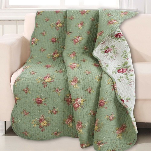 Grün Vintage Blüten Blumenmuster Wende Baumwolle gesteppt Überwurf  - Bild 1 von 3
