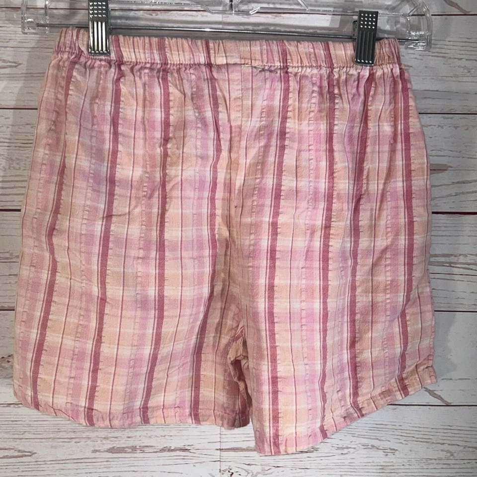 Shorts xadrez vintage feminino rosa tamanho 8 aba feliz 1986 EUA bolsos elásticos na cintura - Imagem 4 de 4