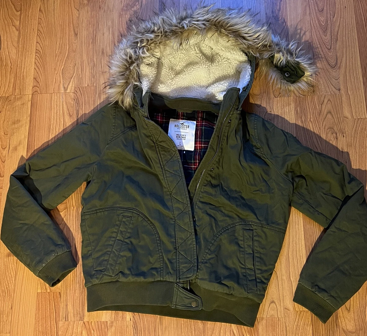 Hollister Faux Fur-Lined Parka Olive Green Heritage Collection Jacket Coat  Large