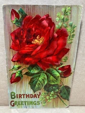 Postcard Happy Birthday Red Rose Wood Background c1912 Glossy Finish