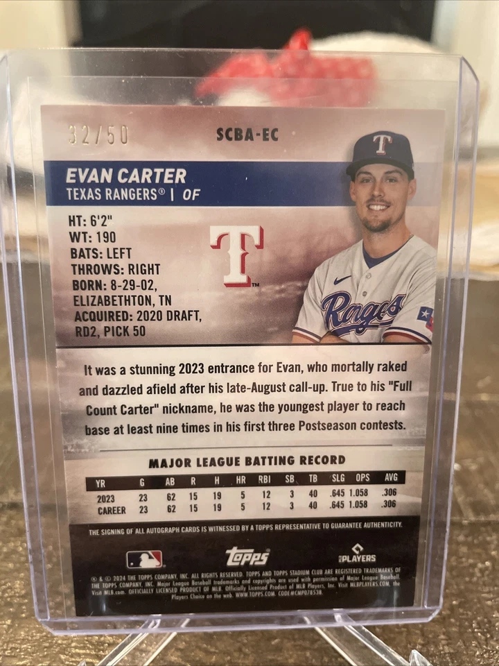 Evan Carter  2024 Topps Stadium Club On Card Rookie Auto #SCBA-EC Red /50 - Image 2 of 2