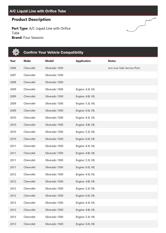 Chevrolet Silverado 1500 2006-2013 línea líquida de aire acondicionado con tubo de orificio 4 estaciones Foto 2 de 4