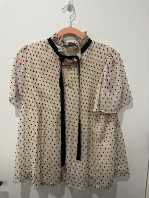 Max Studio Clip Dot Tie Neck Short Sleeve Top Size S