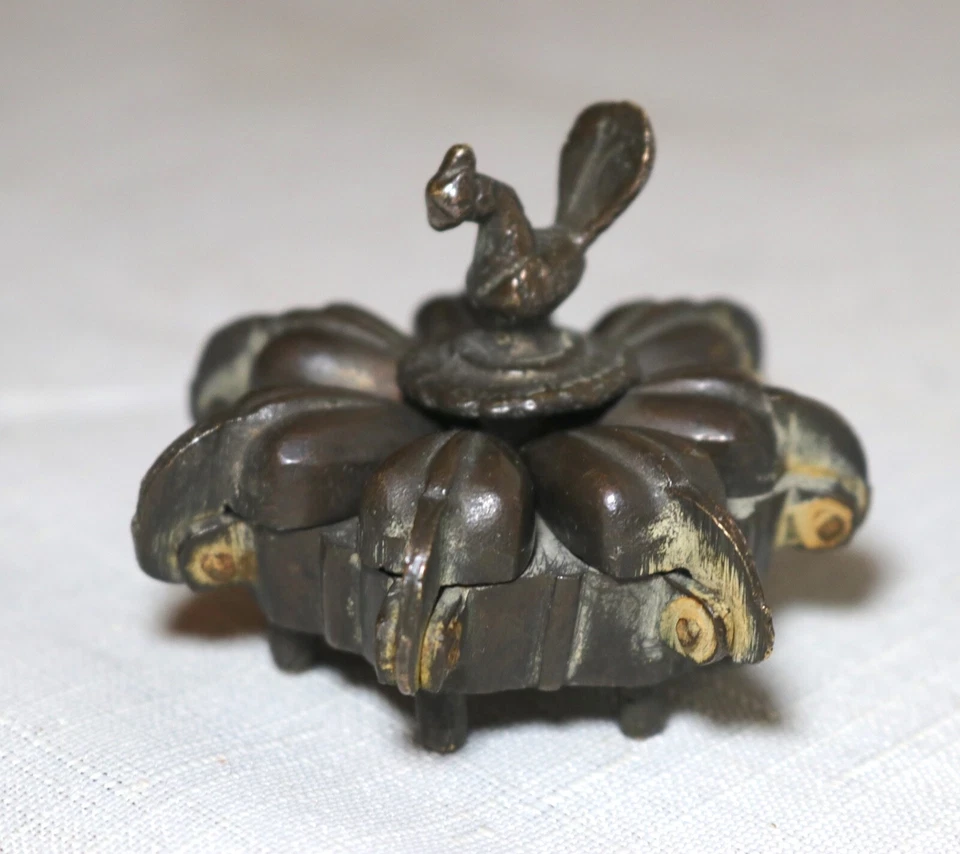 antique handmade Hindu Indian brass bronze Kumkum ritual figural spice box jar - Image 2 of 4
