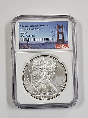 2014 (S) $1 AMERICAN SILVER EAGLE NGC MS69 STRUCK AT SAN FRANCISCO BRIDGE LABEL