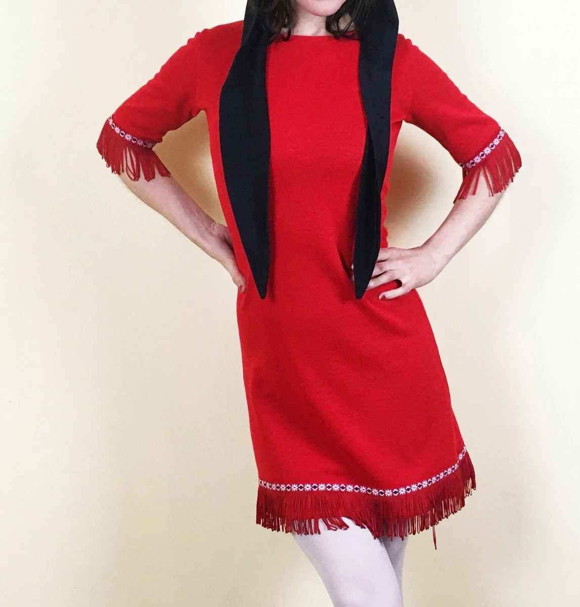 Cute Red mini dress with tassels 70 s style small 6 8