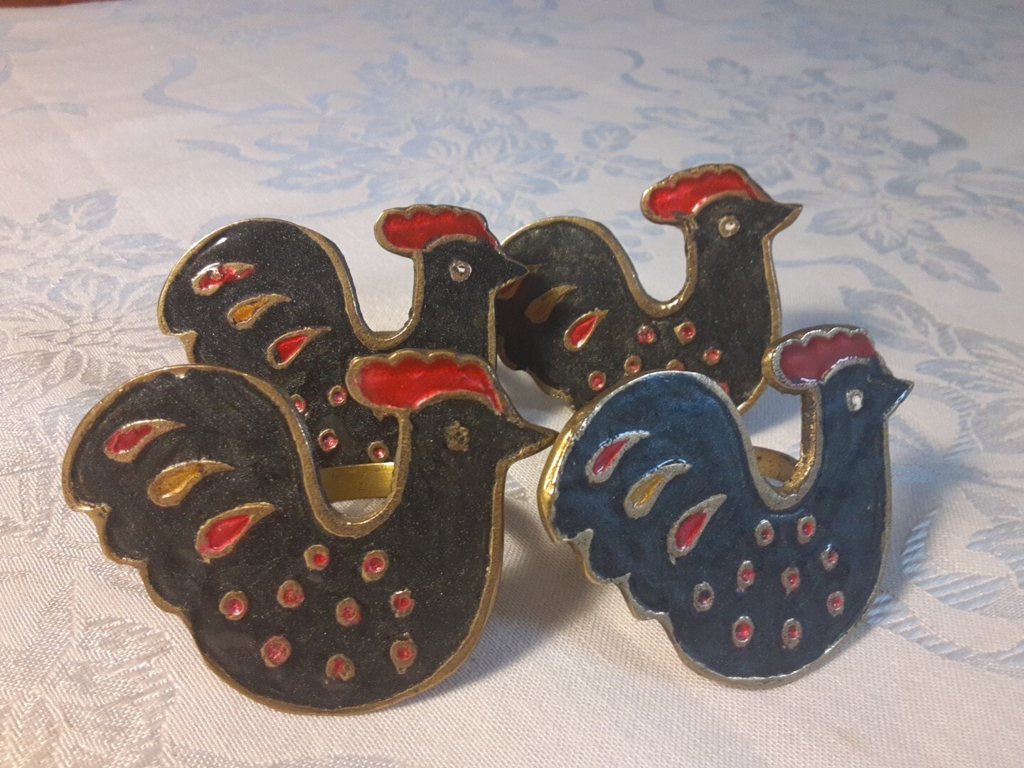 Brass and Enamel Chicken/ Rooster Napkin Rings Country Chic Farmhouse lot 4