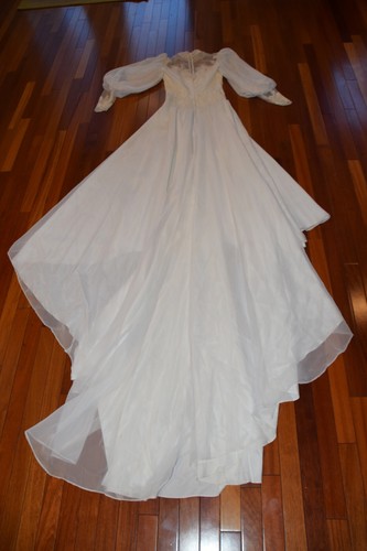Vintage Retro 70's 80's Unbranded Wedding Dress Sz S Long Train Lace Victorian - Picture 10 of 12