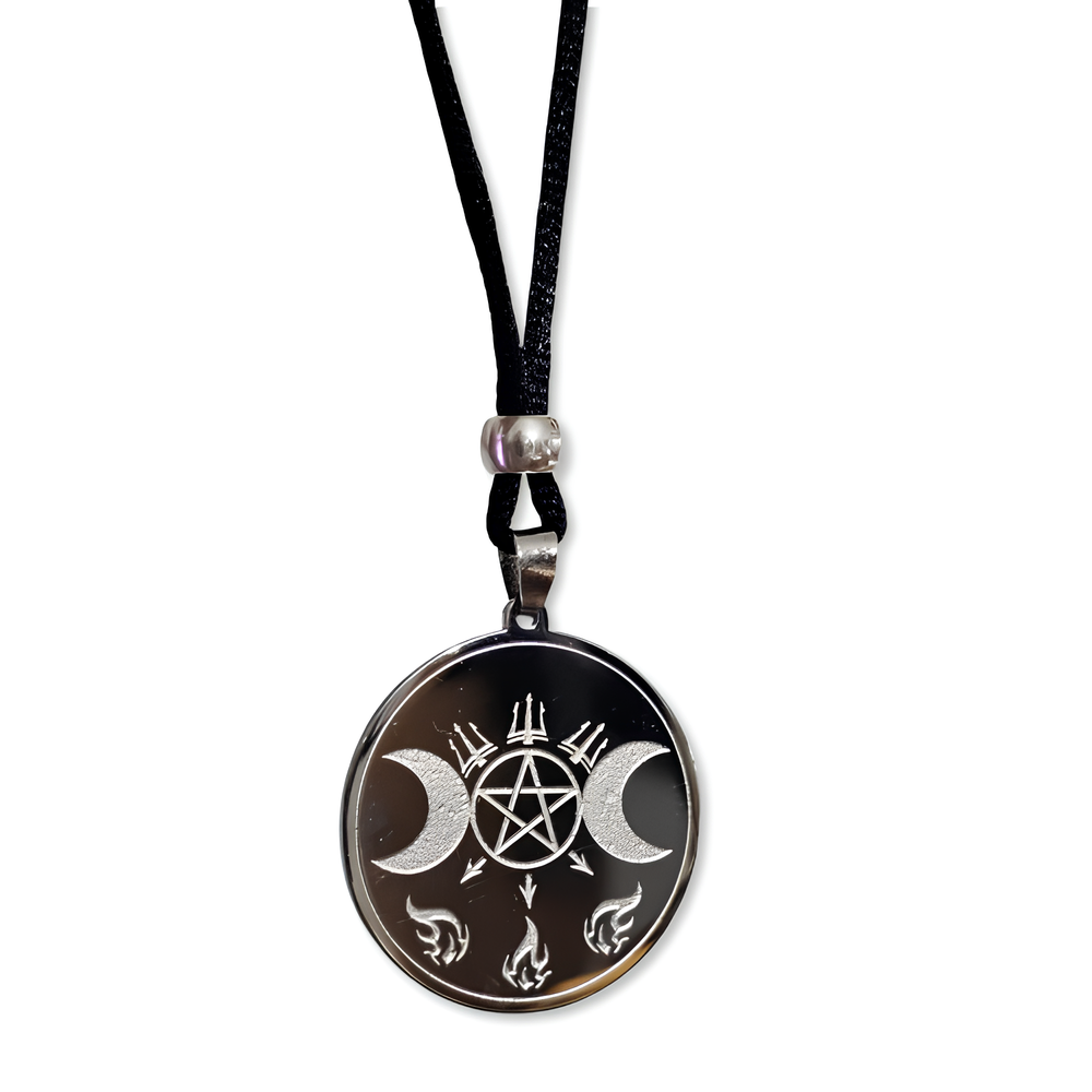 Trident Triple Moon Pentacle Pendant Necklace Fire Goddess Magic Cord Jewellery