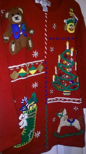 Ugly Christmas Sweater VICTORIA JONES Petite Small RED Teddy Bear XMAS STOCKING - Picture 3 of 12