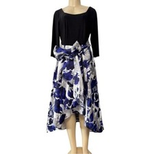 R&M Richards Black Asymmetrical Dress Belt Bow Blue Floral Hi Low Fit & Flare 12