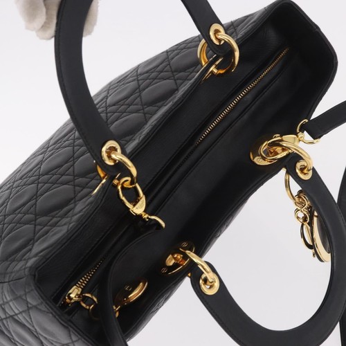 Christian Dior Lady Dior Canage Hand Bag Lamb Skin 2way Black Gold Auth 183708V - 第 6/24 張圖片