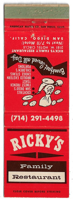 Vintage Matchbook Cover Ricky's Family Restaurant San Diego Calif.