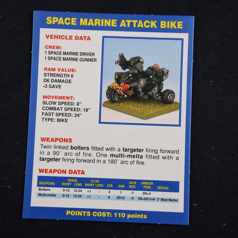 2nd Edition Warhammer 40k Data Card Space Marine Attack Bike 40,000