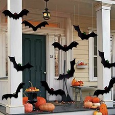YUJUN Halloween Hanging Bats 12 Pieces 3D Realistic Scary Large Fake Black