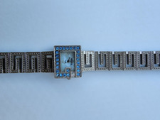 Gucci Quartz Watch Square Silver Steel Bracelet Blue Bezel Mother of Pearl Dial