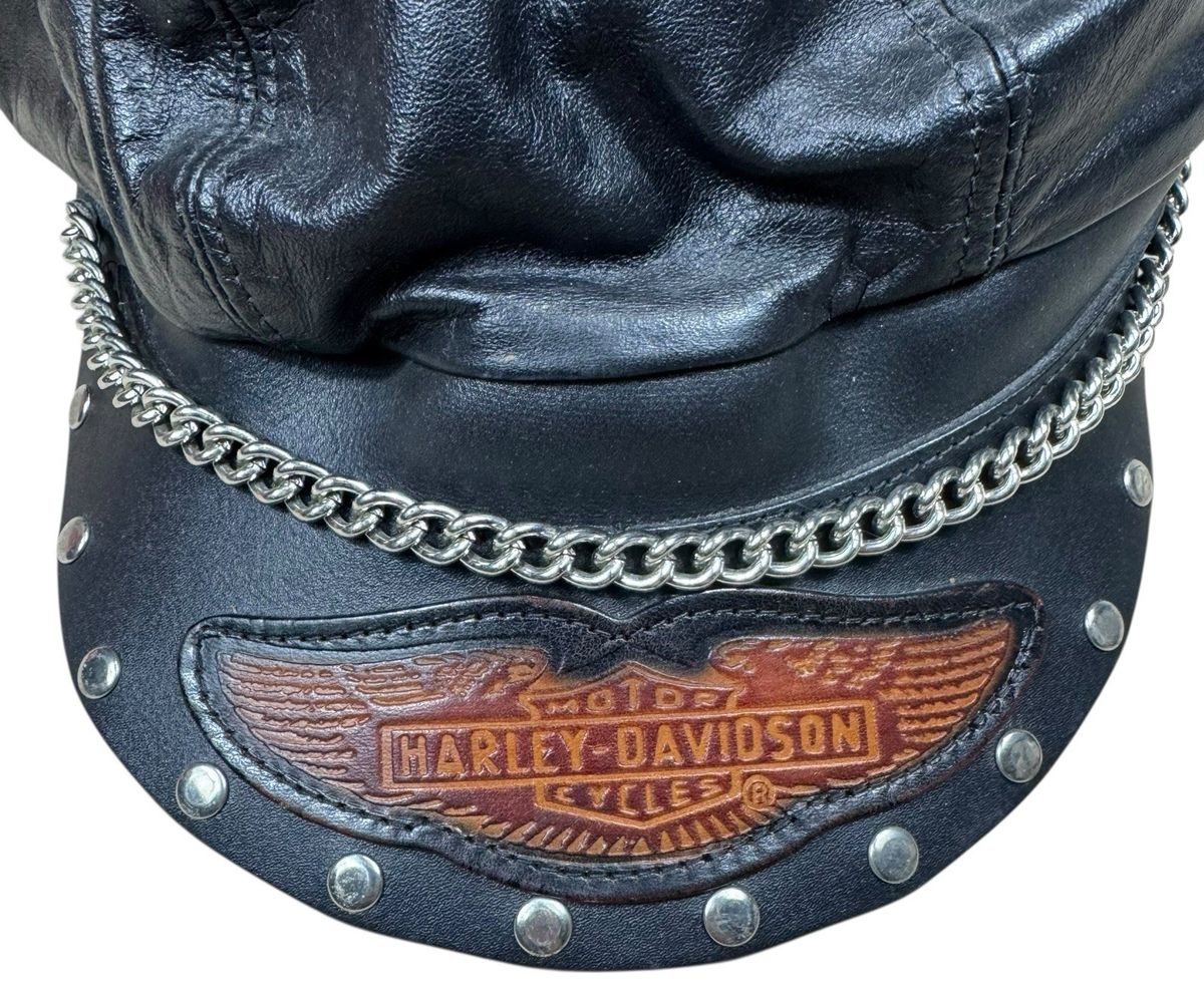 Vintage Harley Davidson Leather Biker Hat Chain Studded Cap 80s