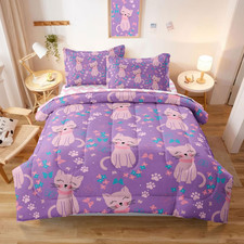 5 Piece Girls Cat Comforter Set Twin Size Bed in a Bag Pink Cute Cartoon Cats Be