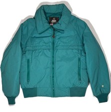 Vintage Alpine Designs Goose Down Jacket Edelweiss Trim Teal Bomber USA Made