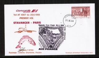 Concorde Air France 1988 First Flight Flown Pilot Signed Cover Stavanger Paris