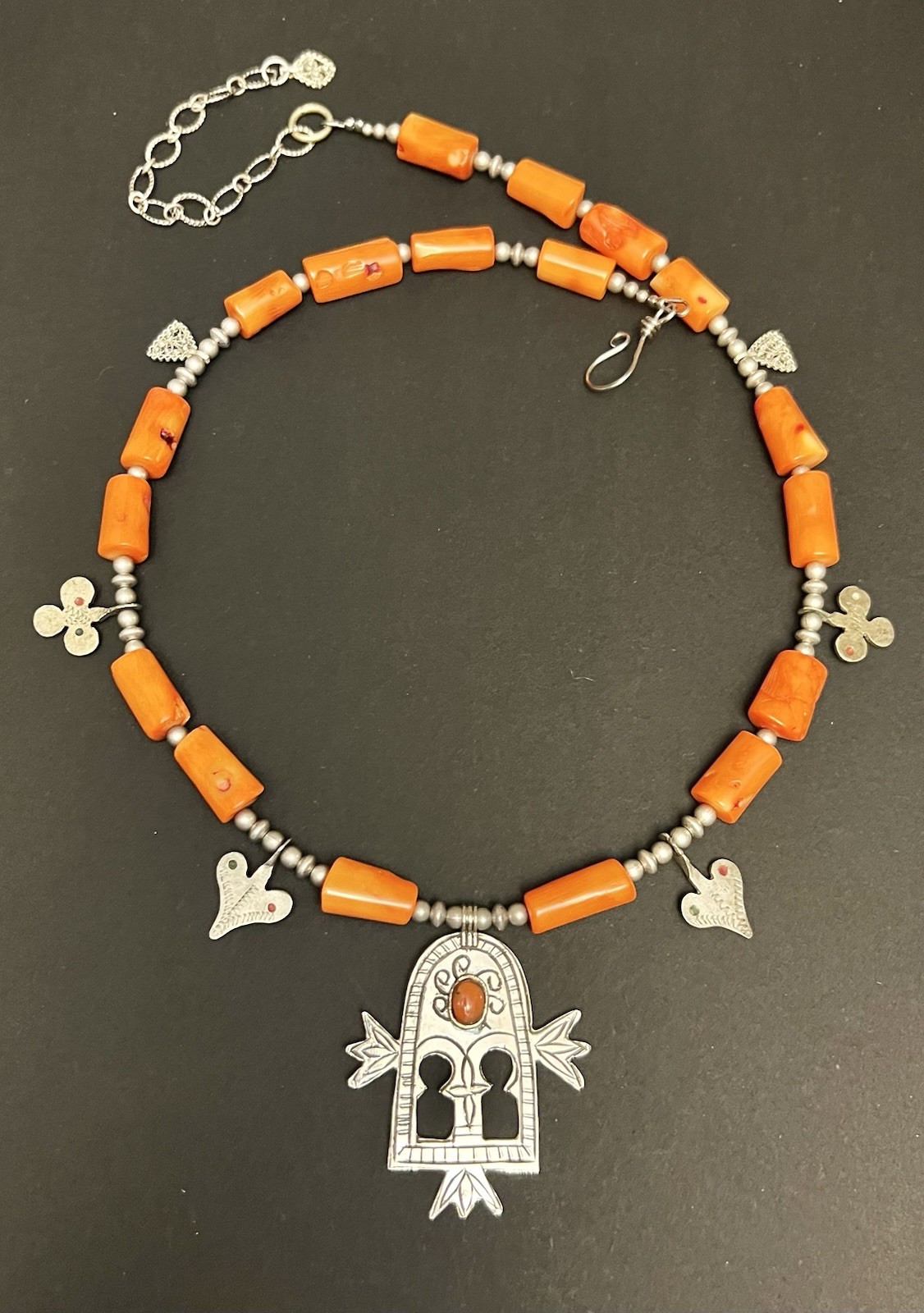 Gates of paradise berber Tuareg pendant & vintage Charms Orange Coral Necklace.