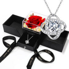 Eternal Preserved Red Rose with Necklace Gift Box Romantic Real Flower for Women