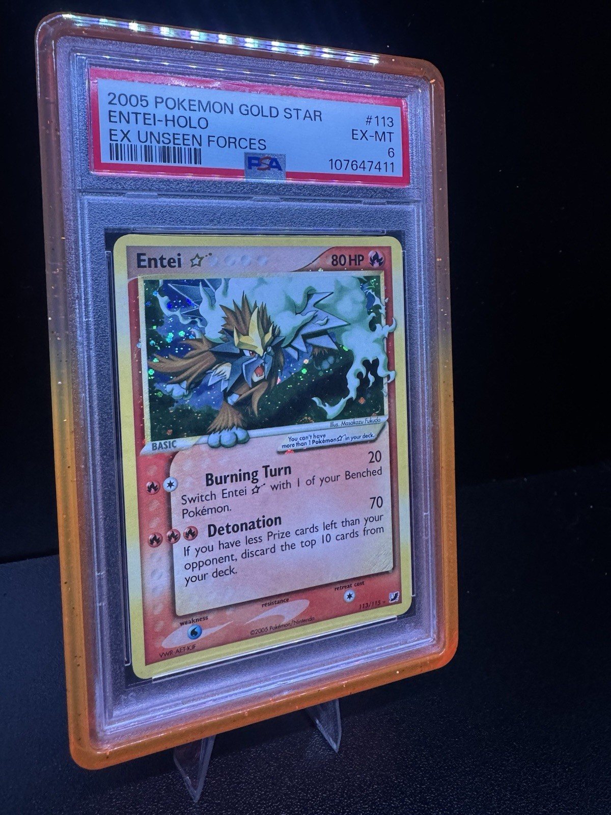 2005 POKEMON TCG EX UNSEEN FORCES ENTEI STAR GOLD STAR HOLO 113/115 PSA 6 view 2
