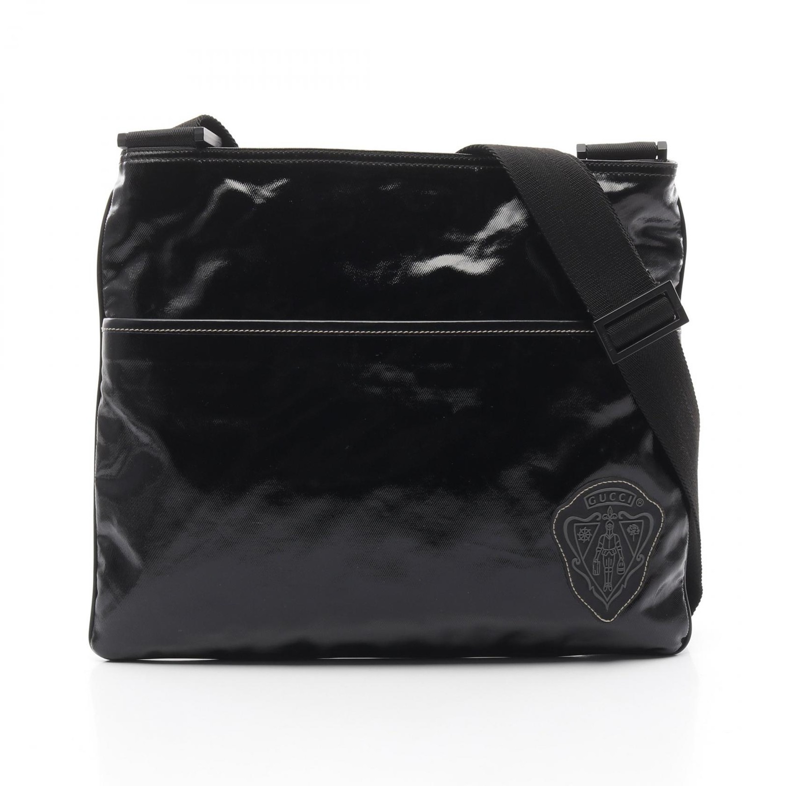 GUCCI Crest Shoulder Bag Black PVC Coated Canvas Crossbody Unisex Pre-Owned