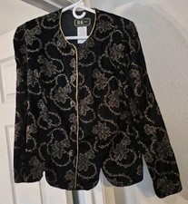 Women's Black R  K Evening jacket velvet-look, sparkling swirls,gold cording