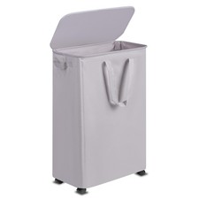 Slim Laundry Hamper with Lid and Wheels, Small Rolling Laundry Basket with Ha...