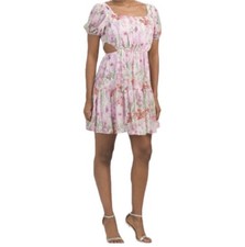 Taylor Pink Floral Puff Sleeve Cut Out Mini Dress Square Neck Cottagecore 10