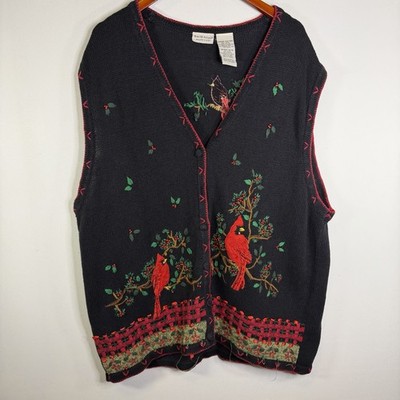 Vintage Christmas Sweater Vest Knit Cardinal Bird White Stag 26w/28w Holiday