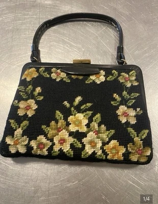 Vintage Floral Needlepoint Top-Handle Bag in Black and Cream - Image 1 of 4