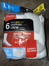 Hanes ~ 6-Pair White Socks Crew Cotton Blend Big & Tall (B) ~ Size 12-14