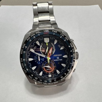 Seiko World Time Solar Quartz GMT Chronograph Sapphire 10BAR Blue 