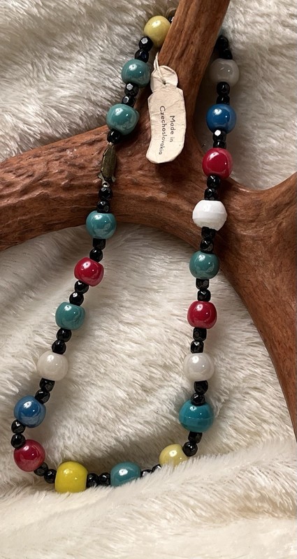 Czech Glass Harlequin Bead Necklace 1930s-1950s Floral Clasp Paper Tag Attached