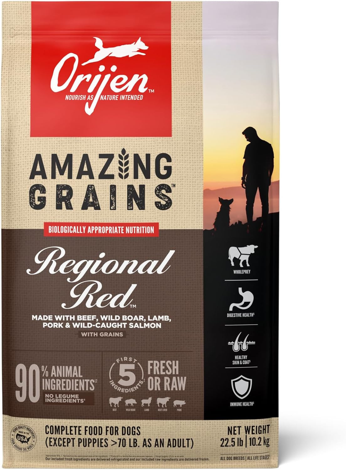 ORIJEN Amazing Grains High Protein Dry Dog Food Regional Red Recipe 22.5Lb Bag