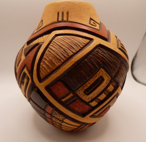 TOM POLACCA - Highly Detailed Carved Yei Hopi Pottery Vase  (1935 - 2003)
